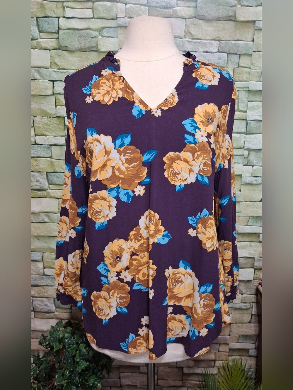 Denim&Co Large Plum Floral V-Neck Long Sleeve Tunic Roses